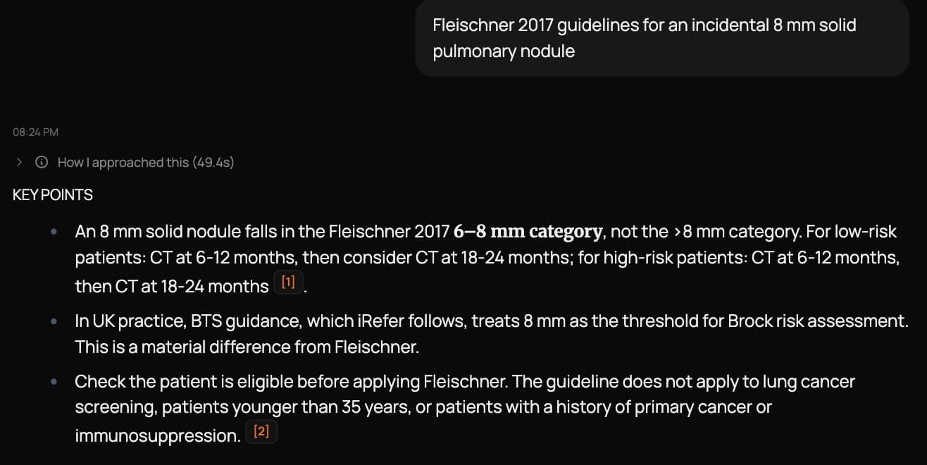 A MyRadAssistant answer on Fleischner guidance for an 8 mm solid nodule, with numbered citations and the UK BTS difference noted