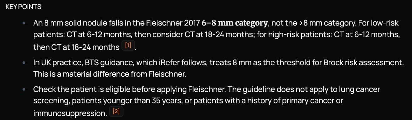 Key points from a real answer on Fleischner guidance, with numbered citations