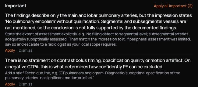 Report Critique flagging that a CTPA report does not state assessment to segmental level or opacification quality